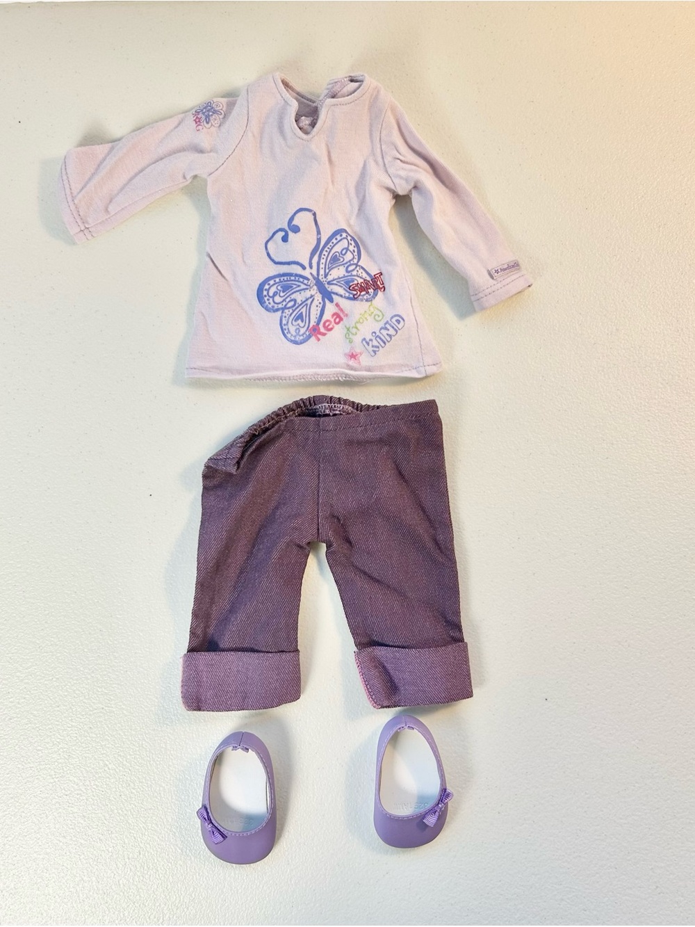 American Girl Doll Real Me Meet Outfit Purple Capri Pants, Shirt Shoes 18in Doll